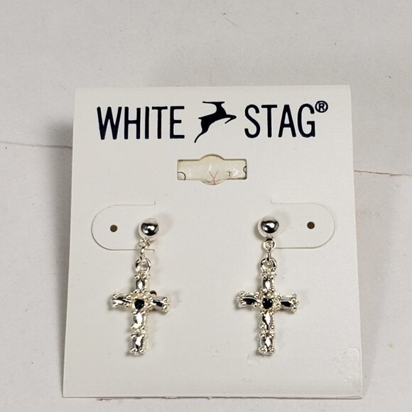 Silver Gothic Cross Earrings – Dark Stone Studs, Statement Christian Jewelry - Picture 6 of 8